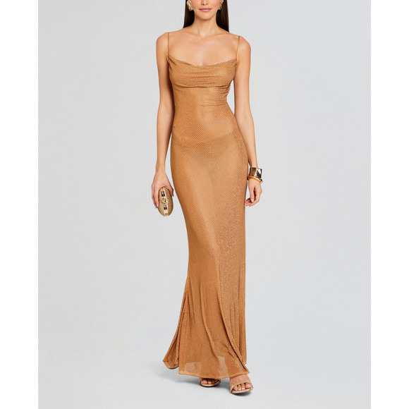 Retrofete 'Shilo' Tan Polyester Embellished Silk Dress Size XXS